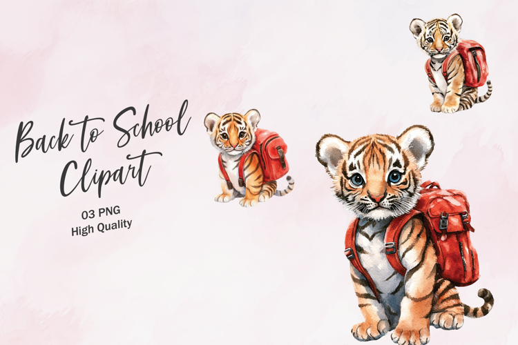 Baby Tiger in Backpack Watercolor School Animal Clipart
