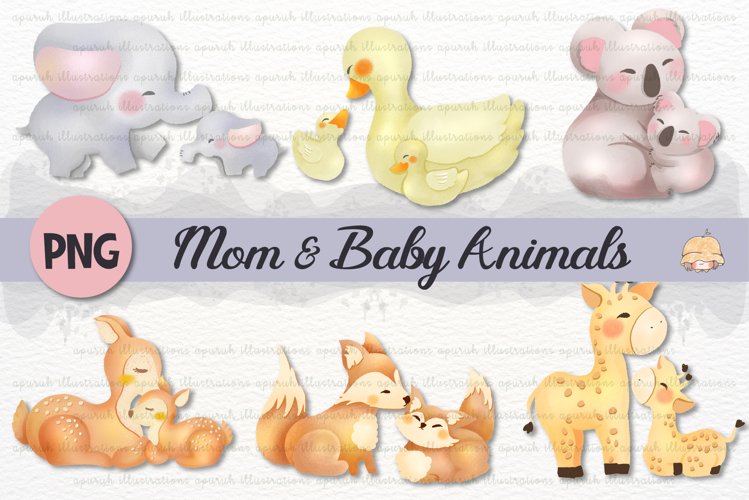 Mom and Baby Animals Watercolor Clipart example image 1