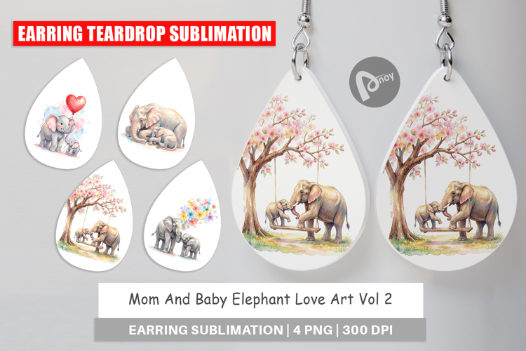 Mom And Baby Elephant Love Art Earring
