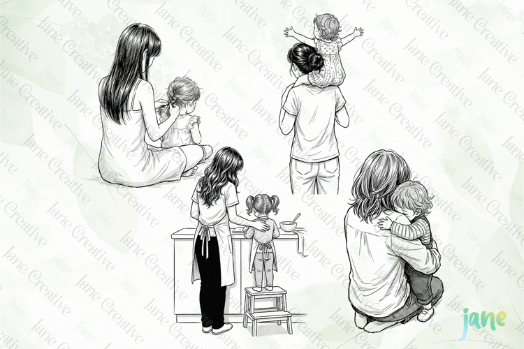 Black And White Family Clipart Image 8