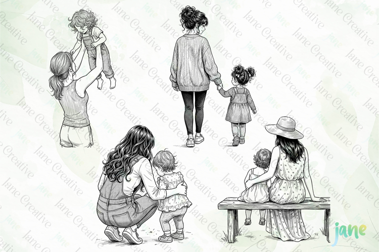 Black And White Family Clipart Image 6