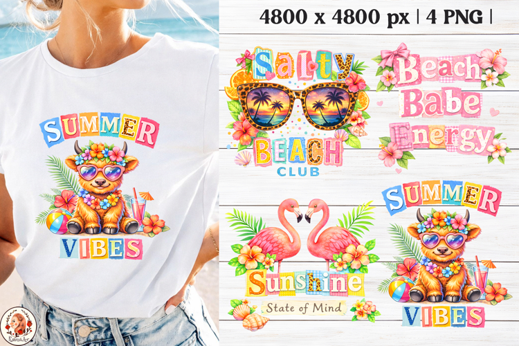 Summer Vibes Cow Sublimation Design | Preppy Summer Collage