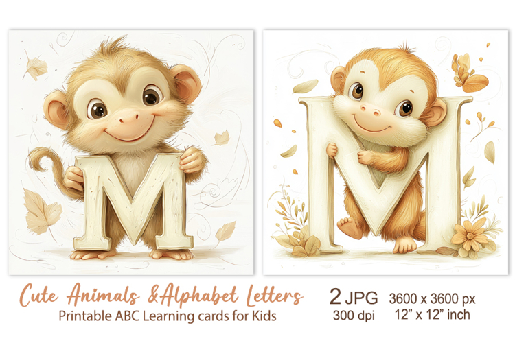 Cute Monkey, Baby Animal Alphabet Letters ABC Printable card