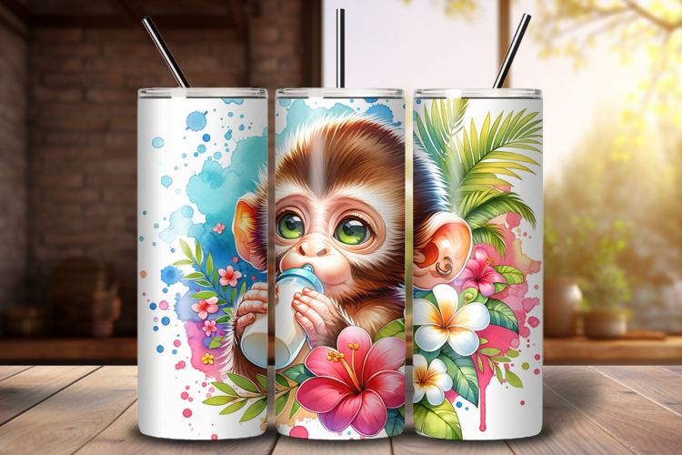 Monkey Tumbler Wrap PNG, 20oz Skinny Sublimation Design