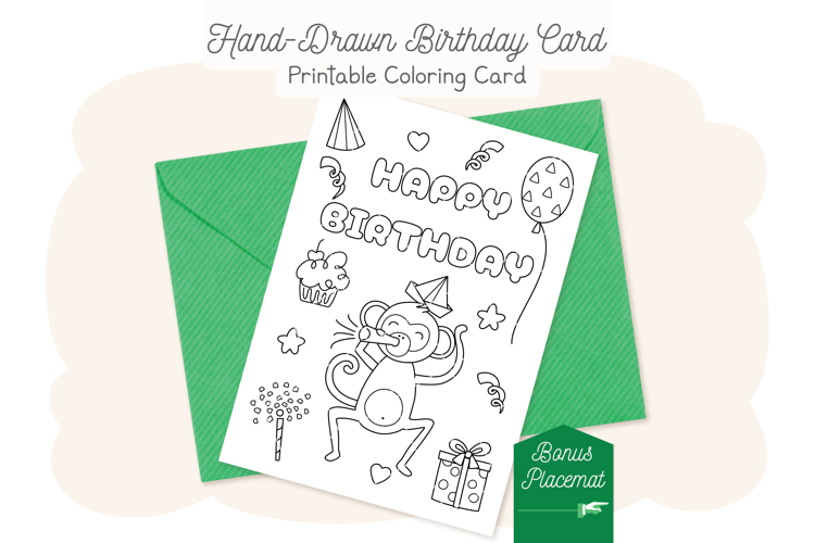 Monkey Happy Birthday Card, Kids Coloring Card & Placemat