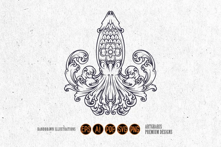 Monochrome octopus vintage swirls ornament svg