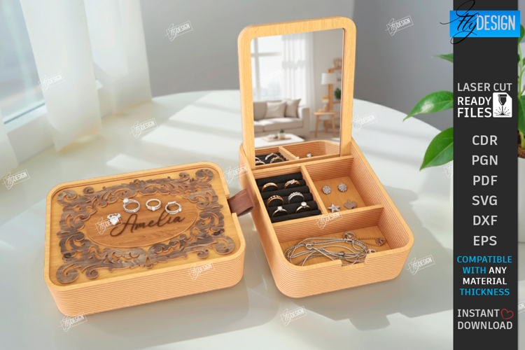 Monogram Jewelry Box with Mirror Laser Cut | Storage Box SVG