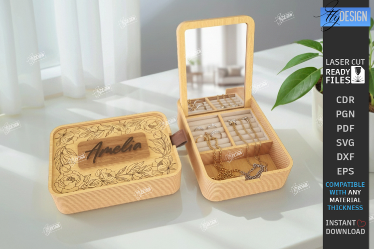 Monogram Jewelry Box with Mirror Laser Cut | Storage Box SVG