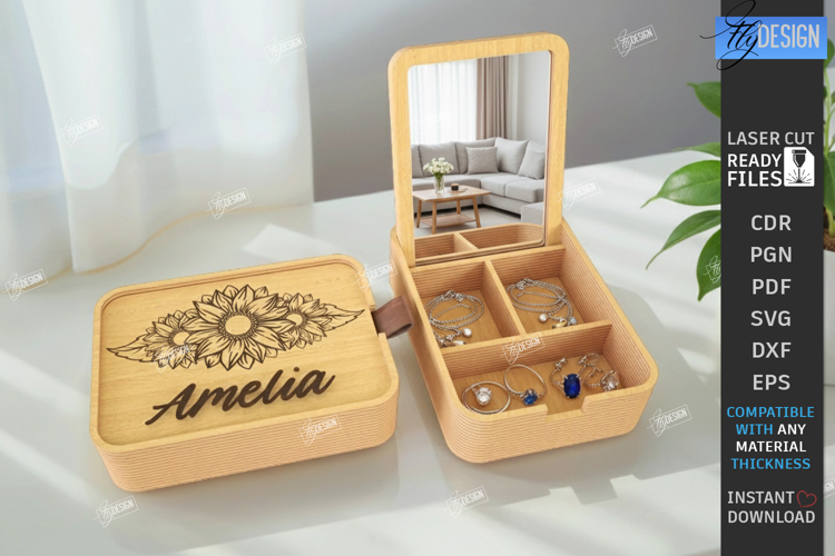 Monogram Jewelry Box with Mirror Laser Cut | Storage Box SVG