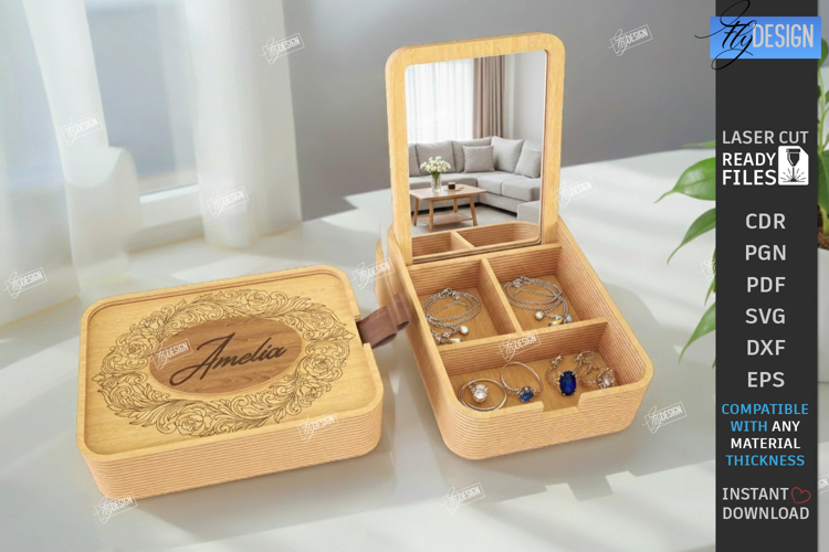 Monogram Jewelry Box with Mirror Laser Cut | Storage Box SVG