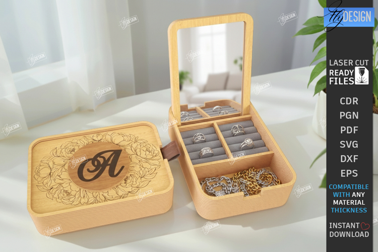 Monogram Jewelry Box with Mirror Laser Cut | Storage Box SVG