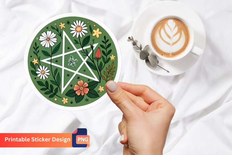 Monogram Pentacle Nature With Flowers Sticker example image 1