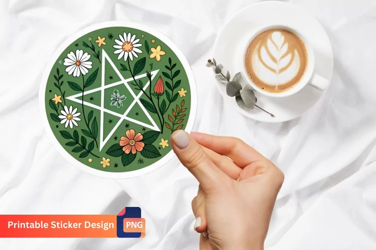 Monogram Pentacle Nature With Flowers Sticker