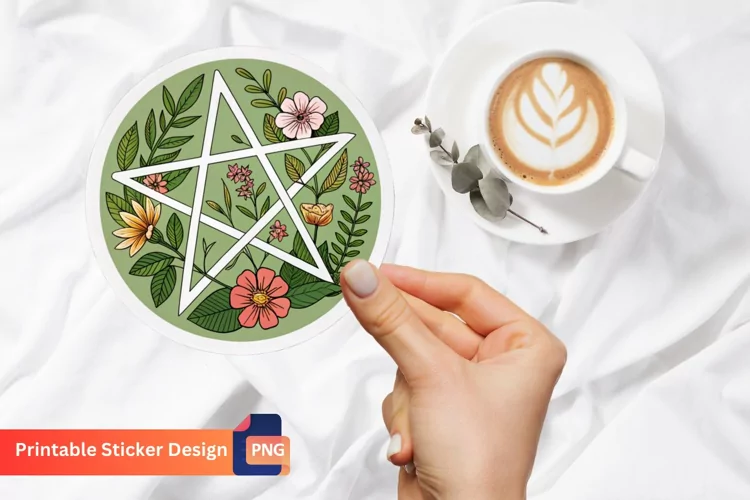 Monogram Pentacle Nature With Flowers Sticker
