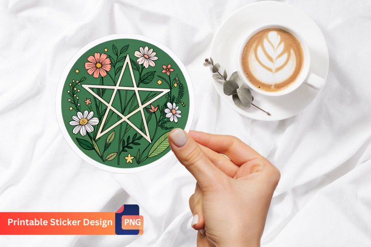 Monogram Pentacle Nature With Flowers Sticker example image 1