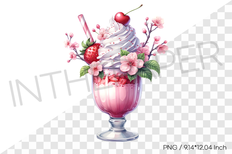 cherry blossom decorated pink monster milkshake PNG dessert example image 1