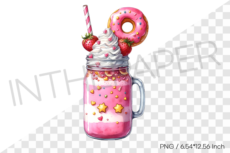Pink donut monster milkshake PNG dessert drink watercolor example image 1