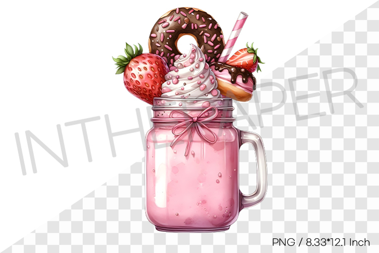Strawberry monster milkshake PNG dessert drink watercolor example image 1
