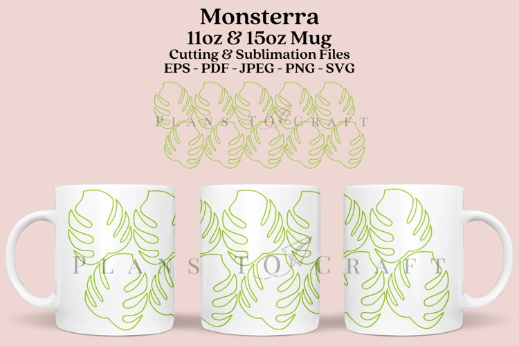 monsterra pattern summer coffee mug sublimation wrap glass mug wrap svg presized for 11oz and 15oz glass ready to cut and sublimation files