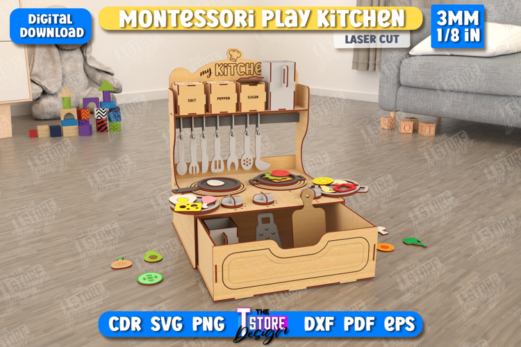 Montessori Play Kitchen Laser Cut, Wooden Kitchen Tool SVG example image 1