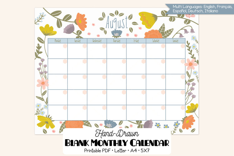 12 Monthly Calendar Floral | Blank Template | Multi Language example image 1