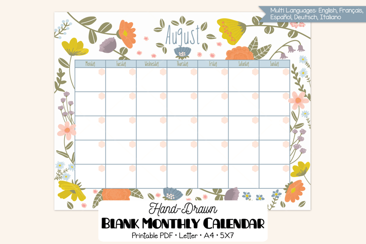 12 Monthly Calendar Floral | Blank Template | Multi Language