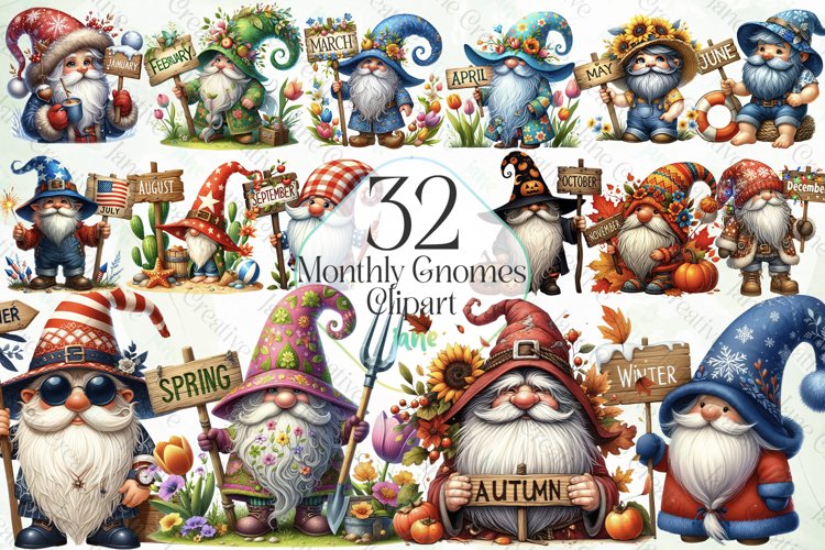Monthly Gnomes Sublimation Clipart