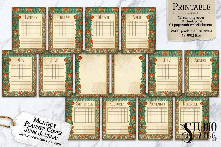 Monthly Planner Cover Junk Journal Pages