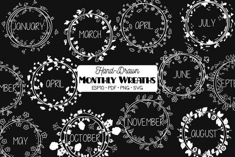 White Monthly Wreaths | Hand-Drawn 4 Seasons Frames Calendar