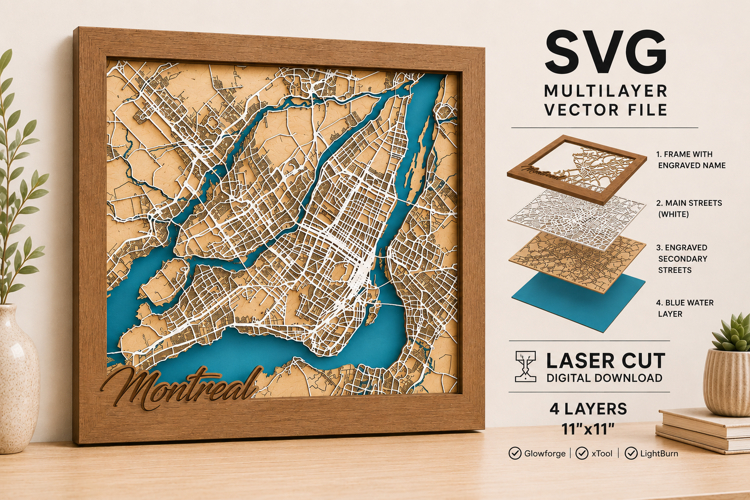 Montreal Canada Layered City Map SVG | 4 Layer Laser Cut SVG