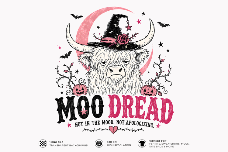 Moo Dread Highland Cow Witch Halloween PNG T-Shirt Design