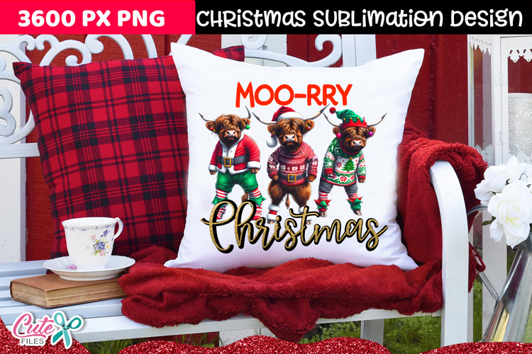 Moo-rry Christmas highland cow Sublimation Design