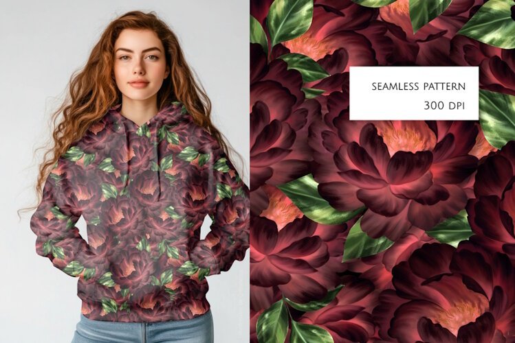 Moody Burgundy Peony Seamless Pattern example image 1