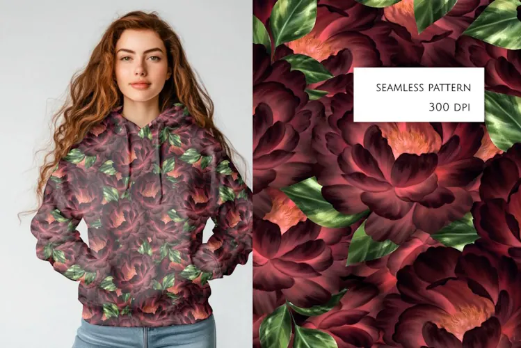 Moody Burgundy Peony Seamless Pattern