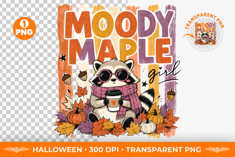 Moody Maple Raccoon Brushstroke Fall T-Shirt Design PNG