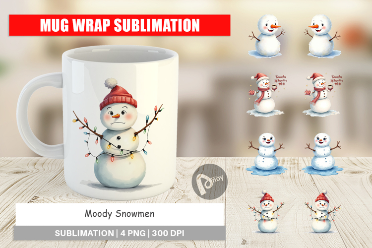 Mug Wrap Watercolor Moody Snowmen