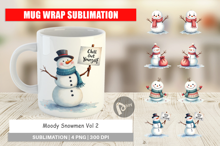 Mug Wrap Watercolor Moody Snowmen