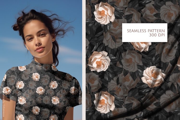 Moody White Rose Seamless Pattern example image 1