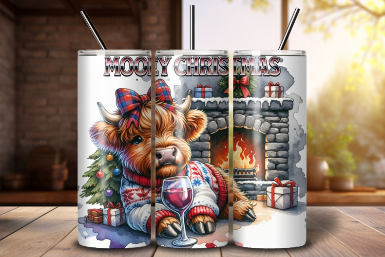 Mooey Christmas Highland Cow 20 oz Tumbler Wrap PNG