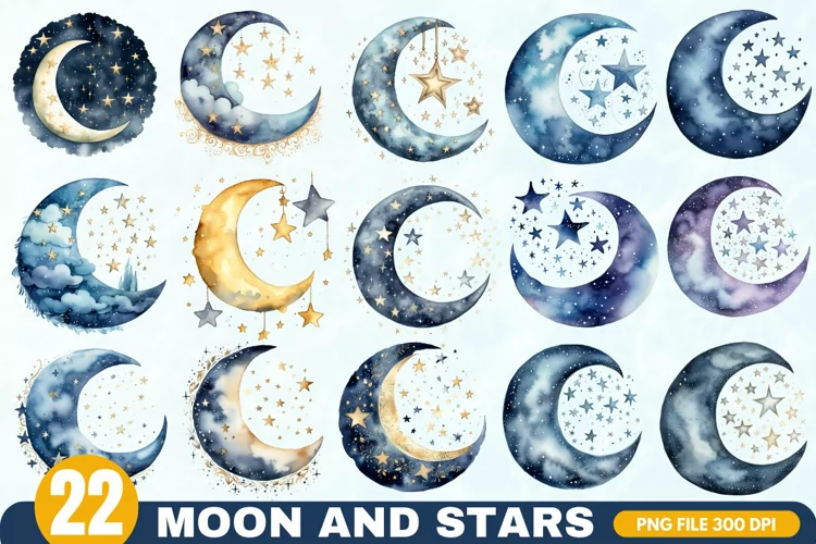 Moon and Stars Watercolor Sublimation Bundle - 22 Designs