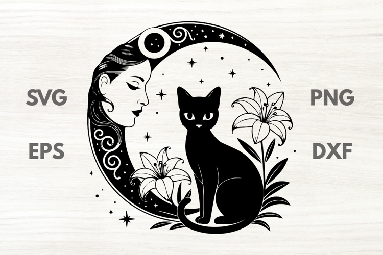 Moon Lady with black cat and lilies SVG