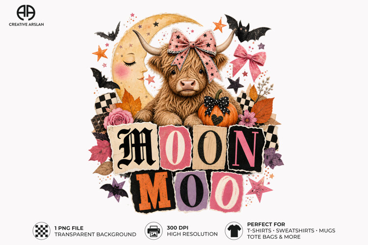 highland cow png, fall cow design, halloween cow png, moonlit cow art, autumn cow png, cow sublimation png, fall shirt design, spooky cow design, cow lover gift, farmhouse halloween