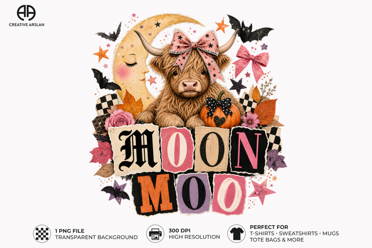 Moon Moo Highland Cow PNG - Fall Halloween T-Shirt Design