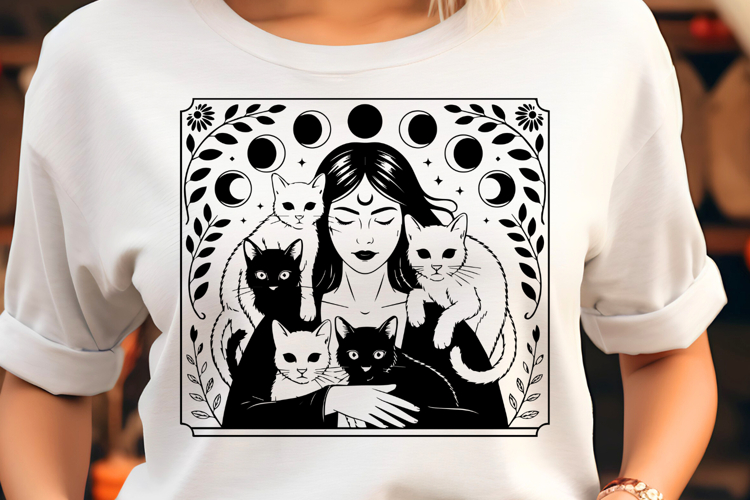 Moon Phases witch and cats with flowers SVG