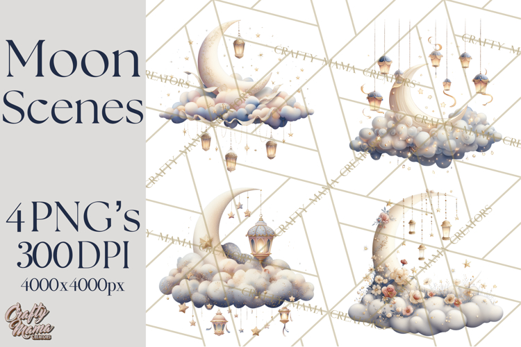 Moon Scenes Clipart, Crescent Moon Art, Starry Sky PNG
