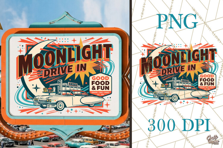 Retro Atomic Age Moonlight Drive In PNG example image 1