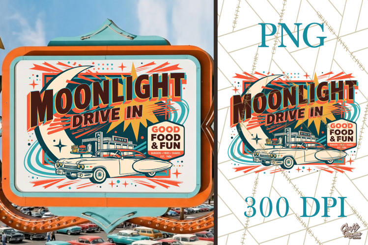 Retro Atomic Age Moonlight Drive In PNG