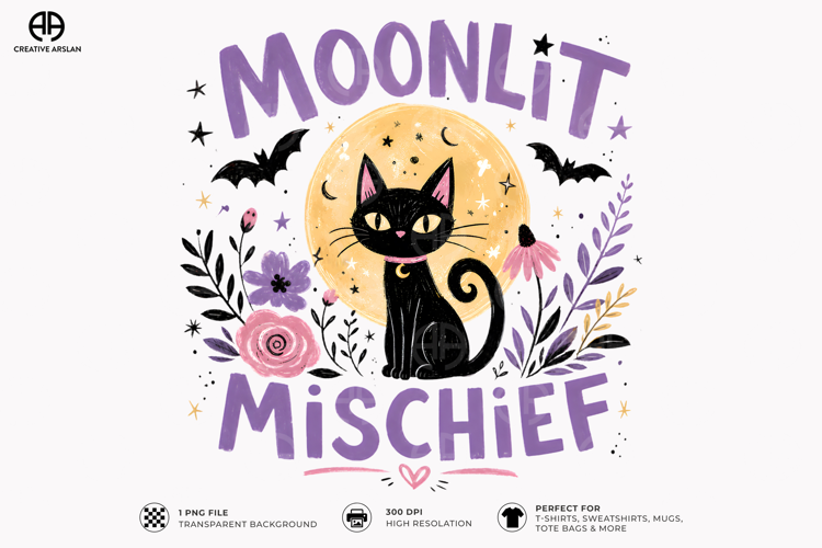 Moonlit Mischief Black Cat PNG - Moon Halloween Shirt Design