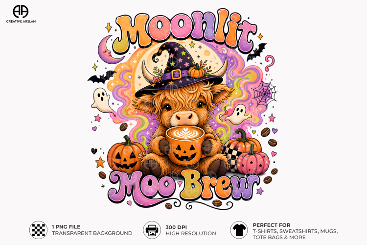 Moonlit Moo Brew PNG - Highland Cow Halloween Design