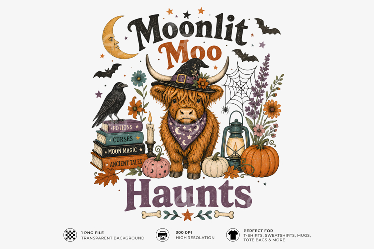 Moonlit Moo Haunts Highland Cow Halloween Sublimation PNG